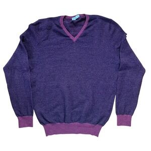 Gran Sasso Italy 100% Virgin Wool V-Neck Sweater - Purple Herringbone - Men's L